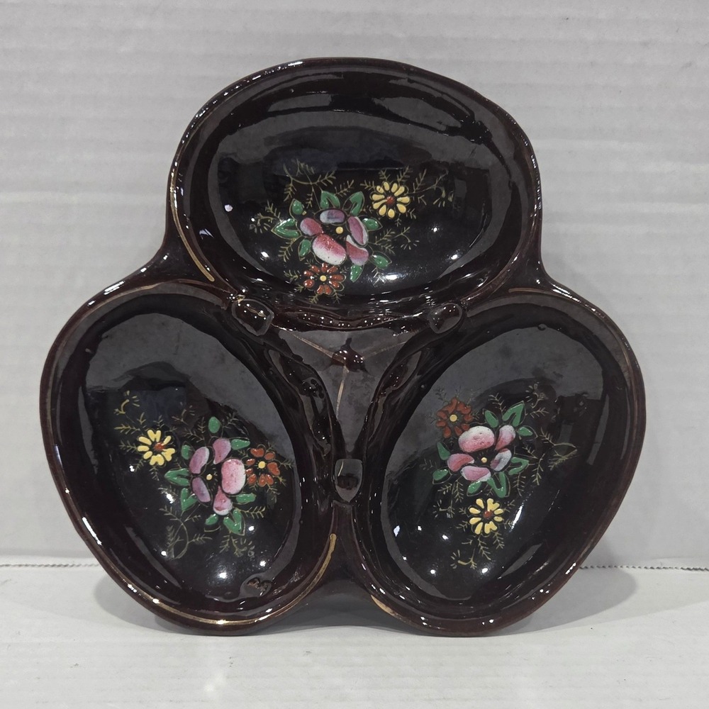 Vintage Japan Ceramic 3 Section Nut Candy Dish Brown Floral Hand Painted Handle